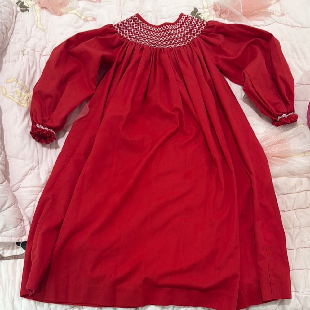Red Smocked Long Sleeve Dress